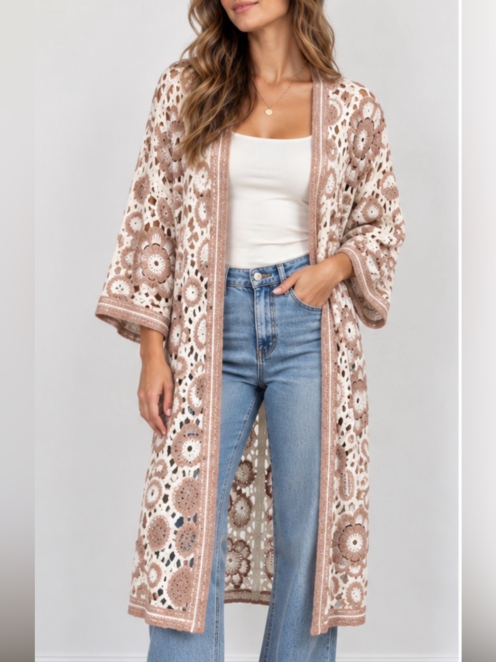 Boho Crochet Longline Kimono Cardigan - Taupe & Cream